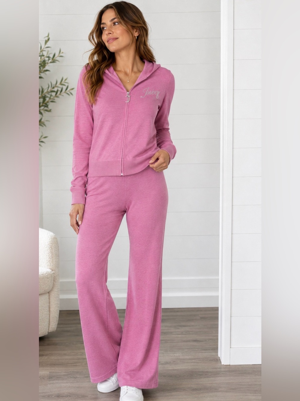 Juicy Couture L Pink bling embroidered pant jacket soft sweater bell bottom suit